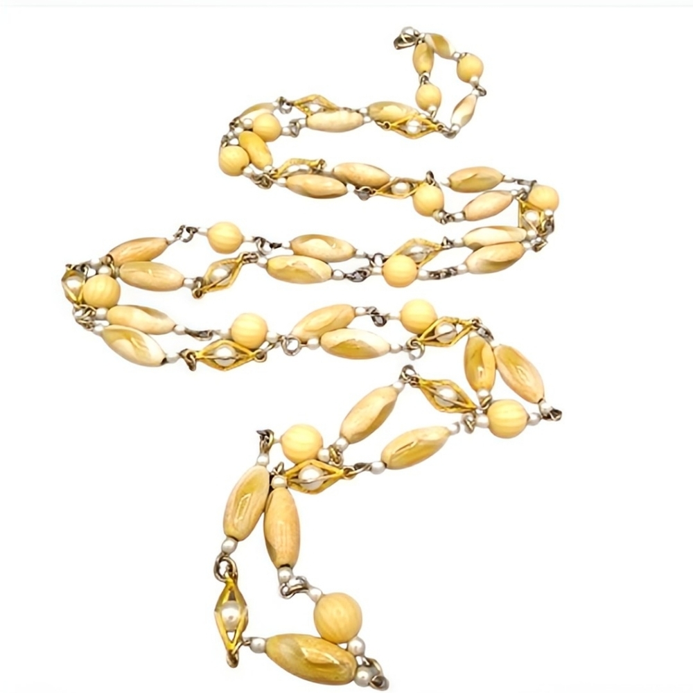 Jasper & Faux Pearl Rope Necklace Layered Gold Tone Caged Bead Long 61" Vintage